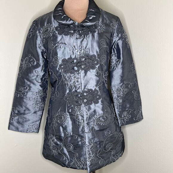 Pretty Angel Silk Blend Jacket Small Womens Gray Embellished Chinese Knot Sequin - Picture 1 of 9